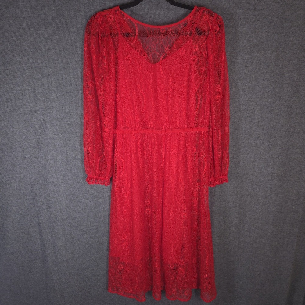 Banana Republic Petite S Red Lace Fit Flare Dress Long Sleeve Lined Romantic